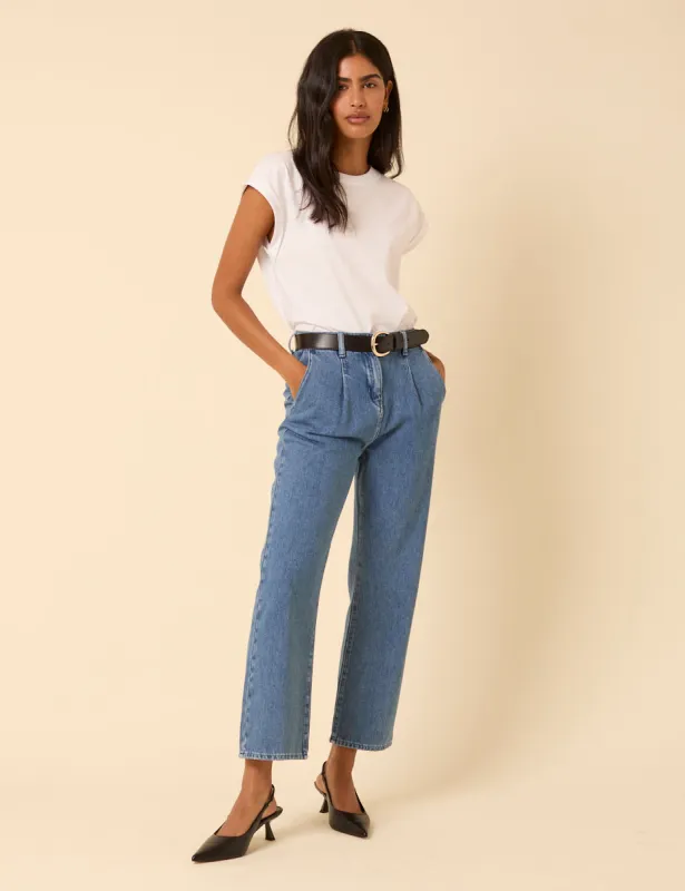 Blue High Rise Pleated Straight Leg Jeans sold by Nobody's Child