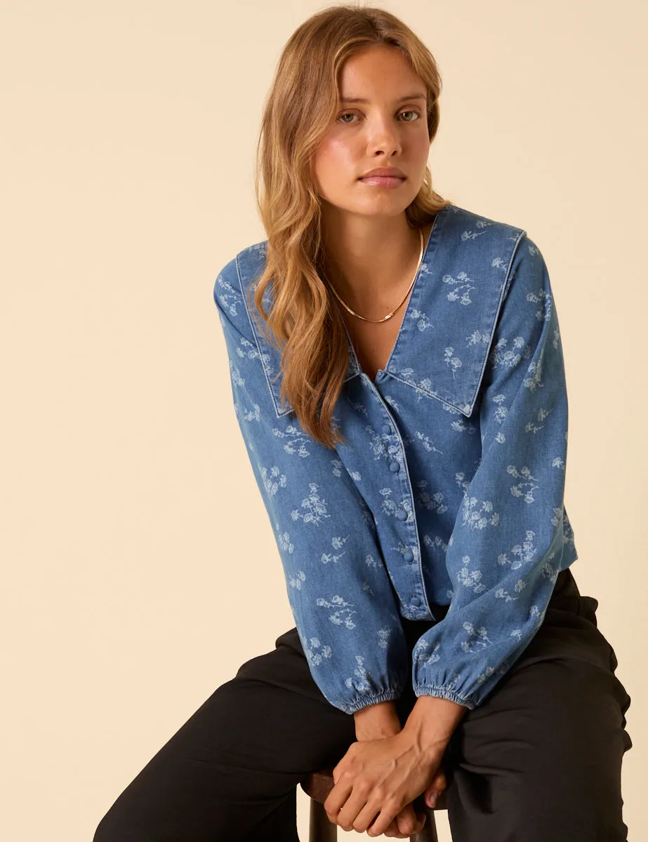 Denim Long Sleeve Floral Printed Blouse sold by Nobody's Child product image thumbnail 2