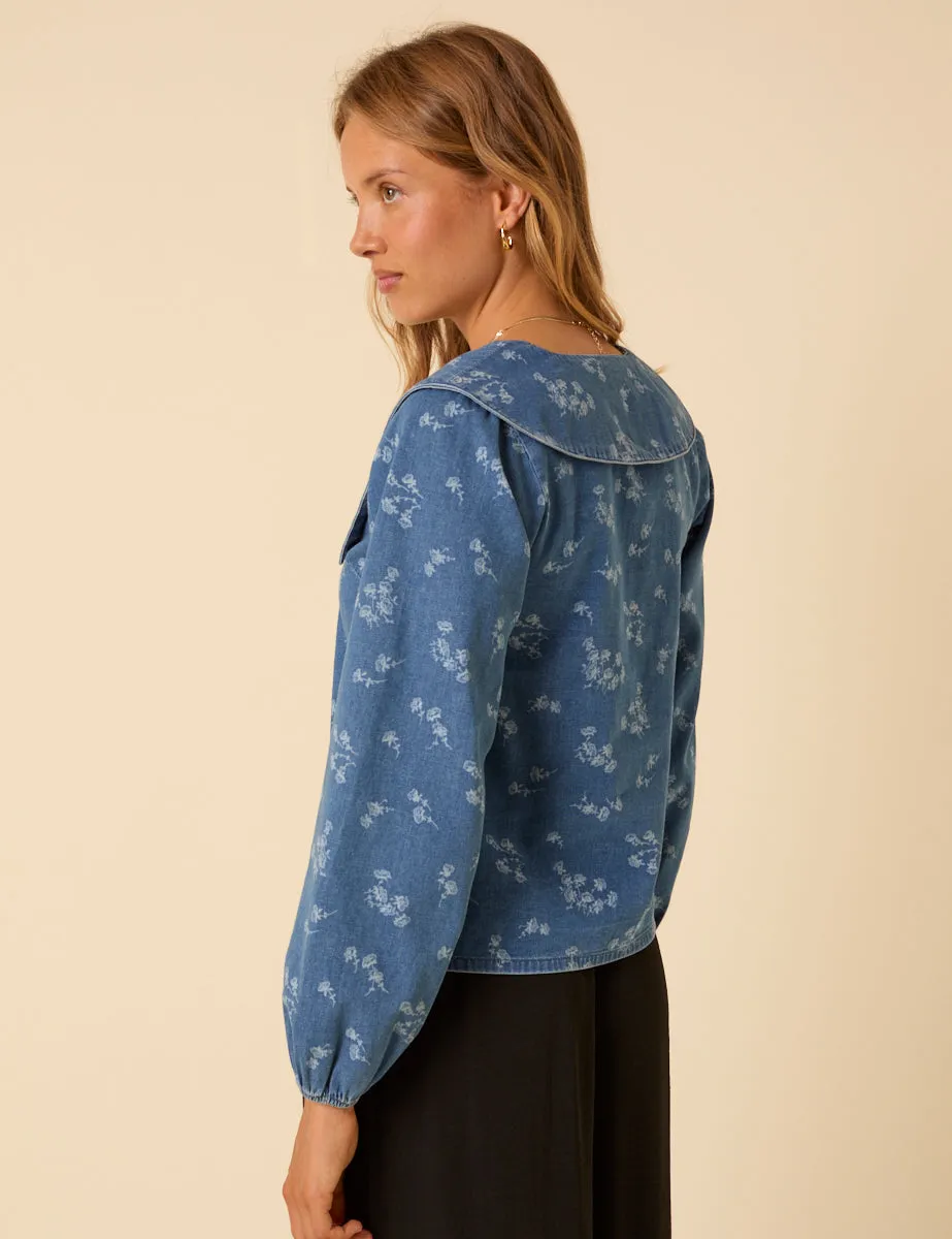 Denim Long Sleeve Floral Printed Blouse sold by Nobody's Child product image thumbnail 5