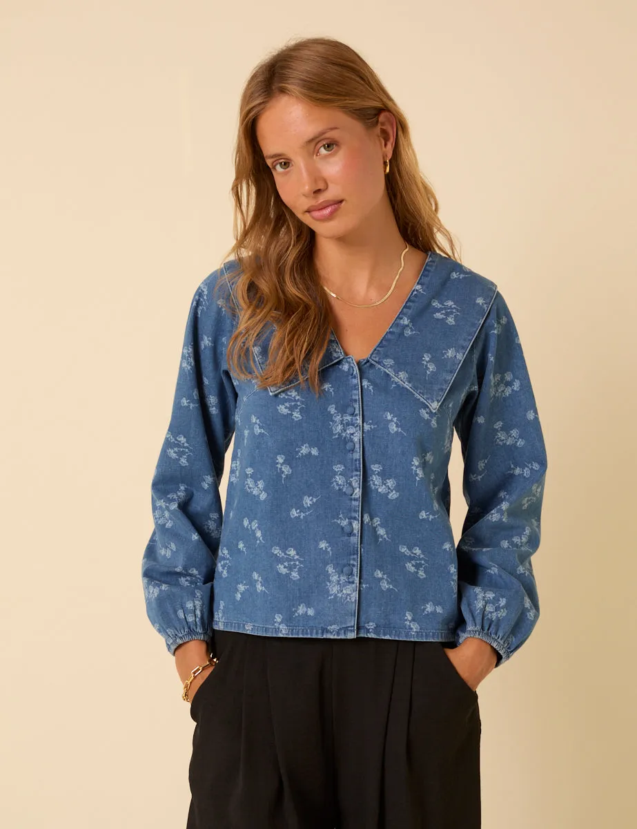 Denim Long Sleeve Floral Printed Blouse sold by Nobody's Child
