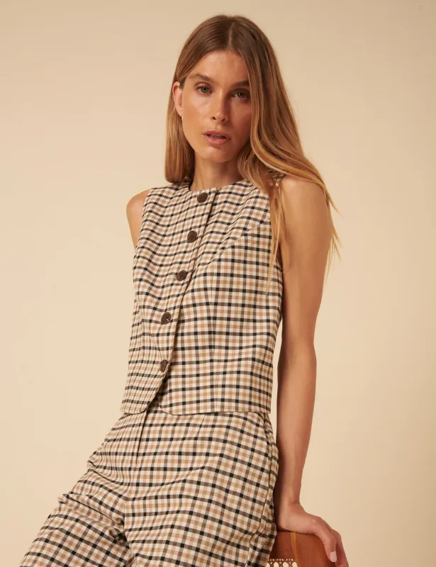 Beige Gingham Check Waistcoat sold by Nobody's Child