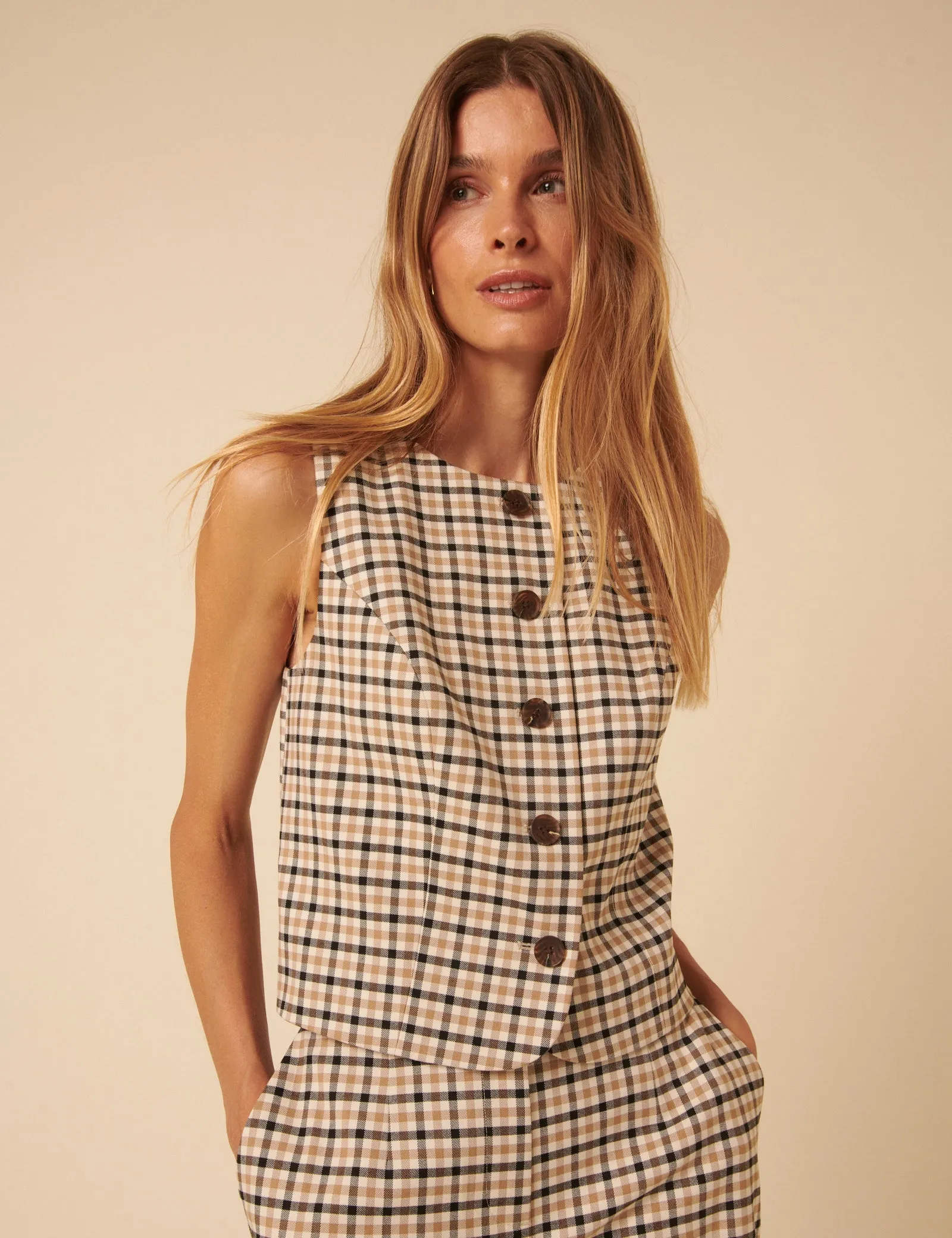 Beige Gingham Check Waistcoat sold by Nobody's Child product image thumbnail 3