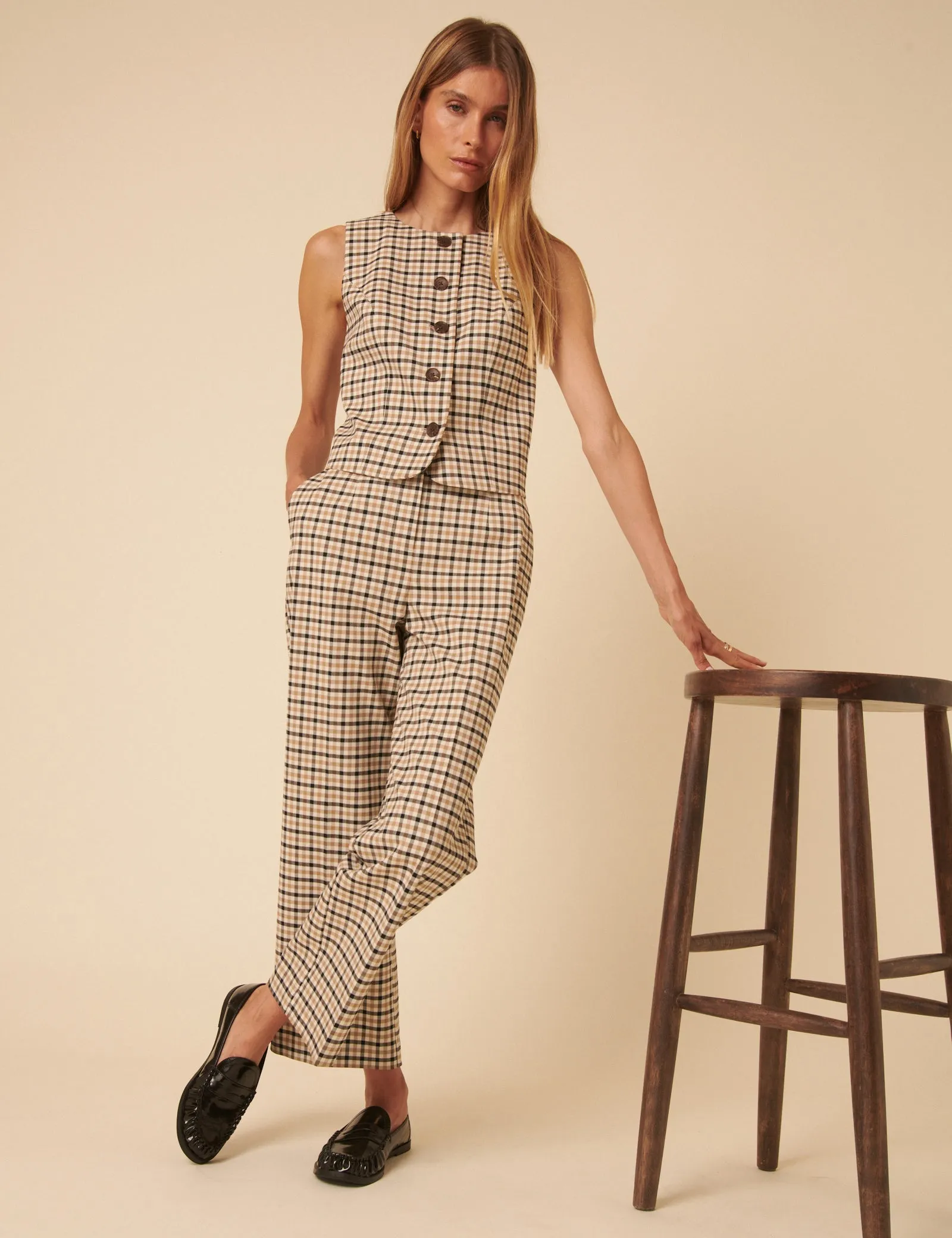 Beige Gingham Check Tailored Cropped Trousers sold by Nobody's Child product image thumbnail 5