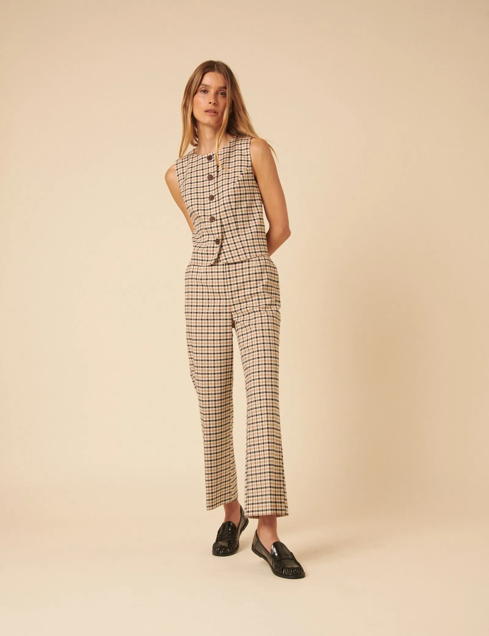 Beige Gingham Check Tailored Cropped Trousers sold by Nobody's Child