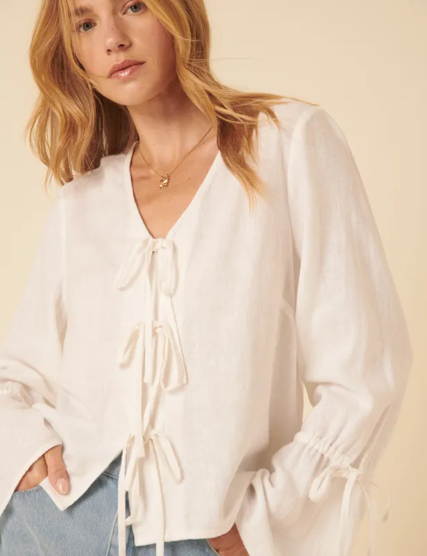 White Linen-blend Tie Front Top sold by Nobody's Child