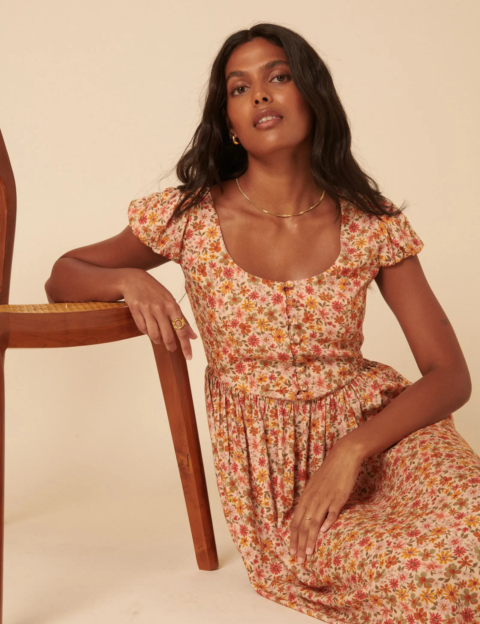 Orange Floral Puff Sleeve Cora Midi Dress sold by Nobody's Child product image thumbnail 2