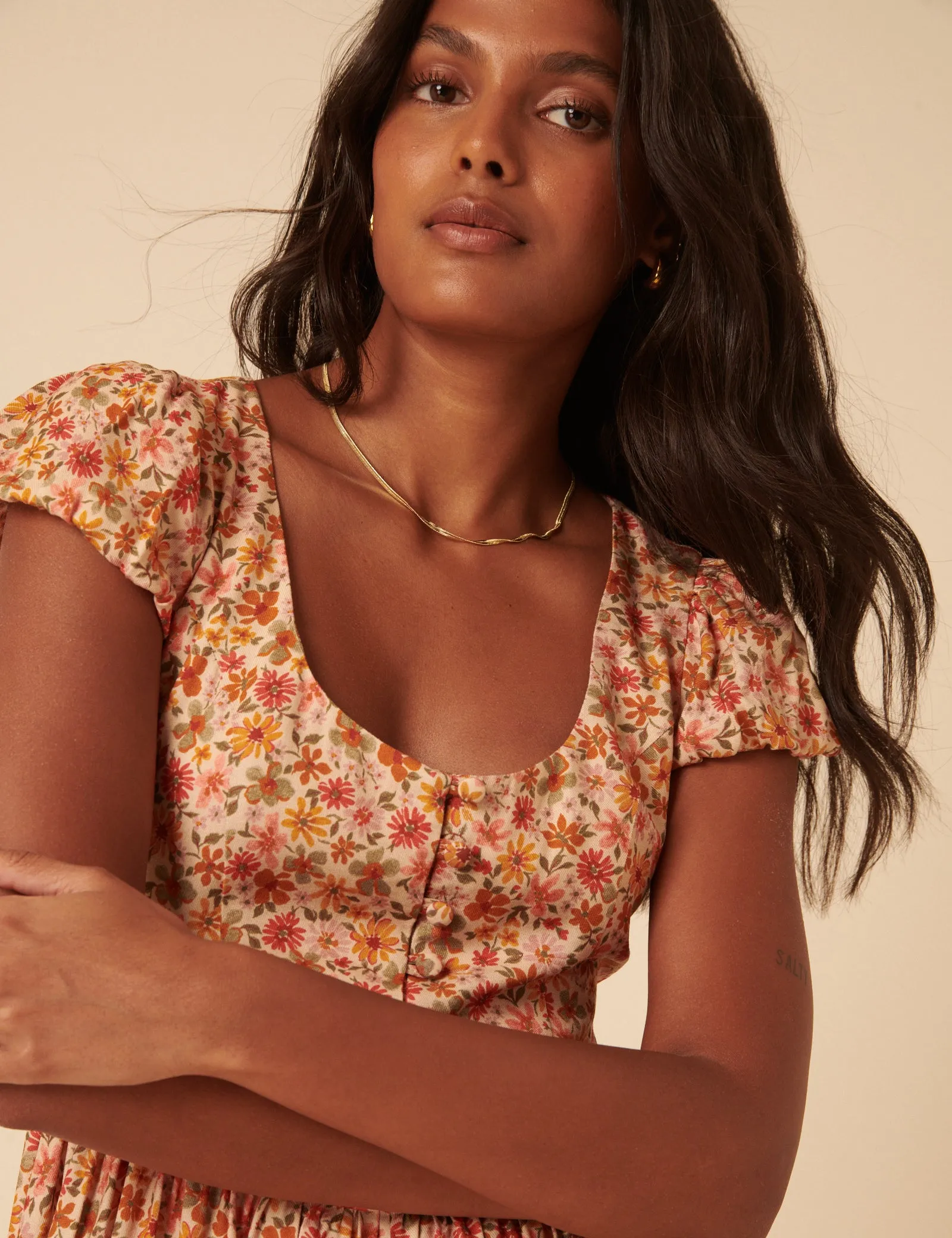 Orange Floral Puff Sleeve Cora Midi Dress sold by Nobody's Child product image thumbnail 3