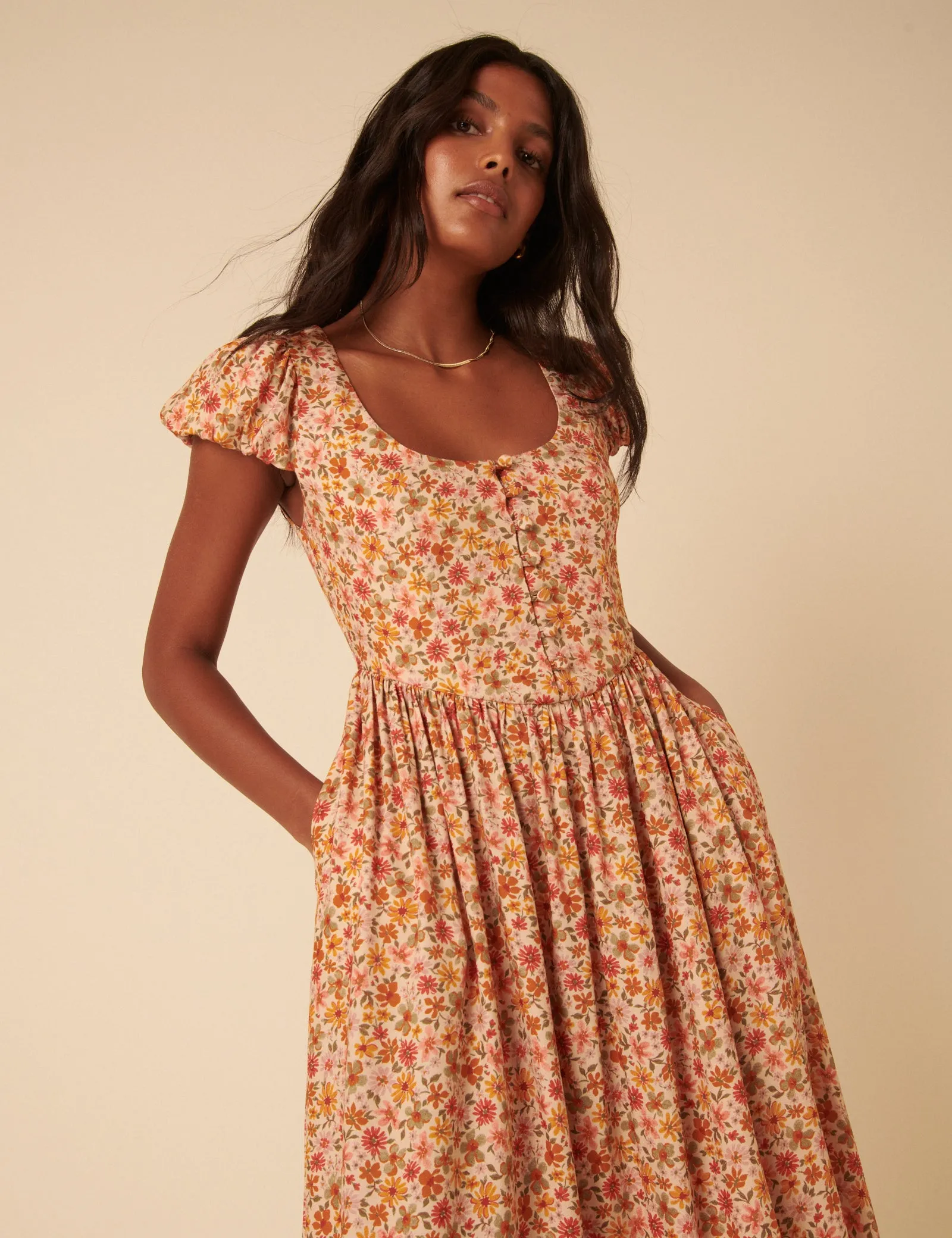 Orange Floral Puff Sleeve Cora Midi Dress sold by Nobody's Child product image thumbnail 4