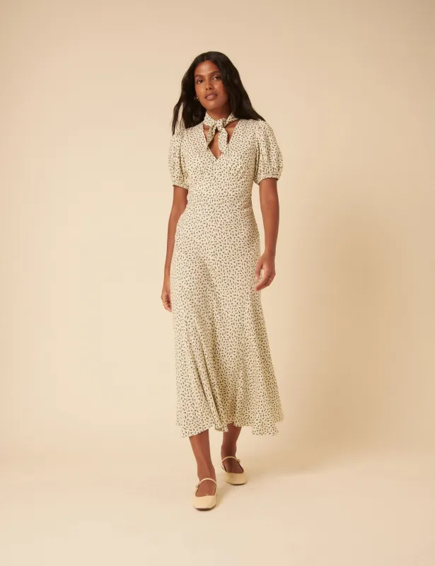 Cream Ditsy Floral Tie Neck Sadie Midi Dress sold by Nobody's Child