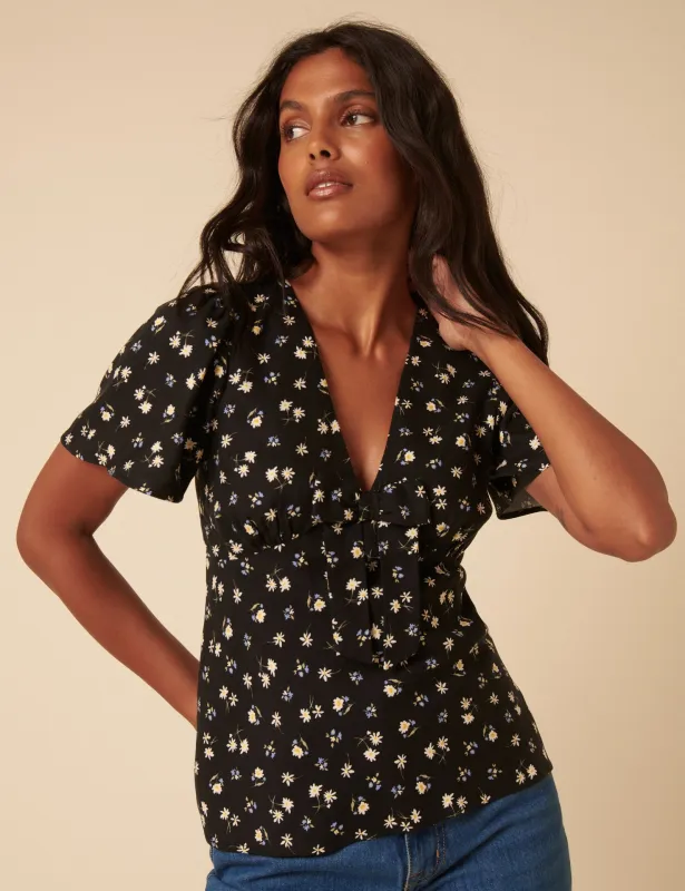 Black Ditsy Floral Frill Top sold by Nobody's Child