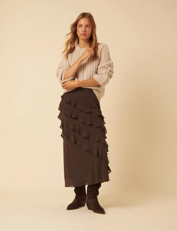Brown Ruffle Midi Skirt sold by Nobody's Child