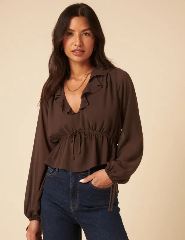 Brown Ruffle Long Sleeve Top sold by Nobody's Child