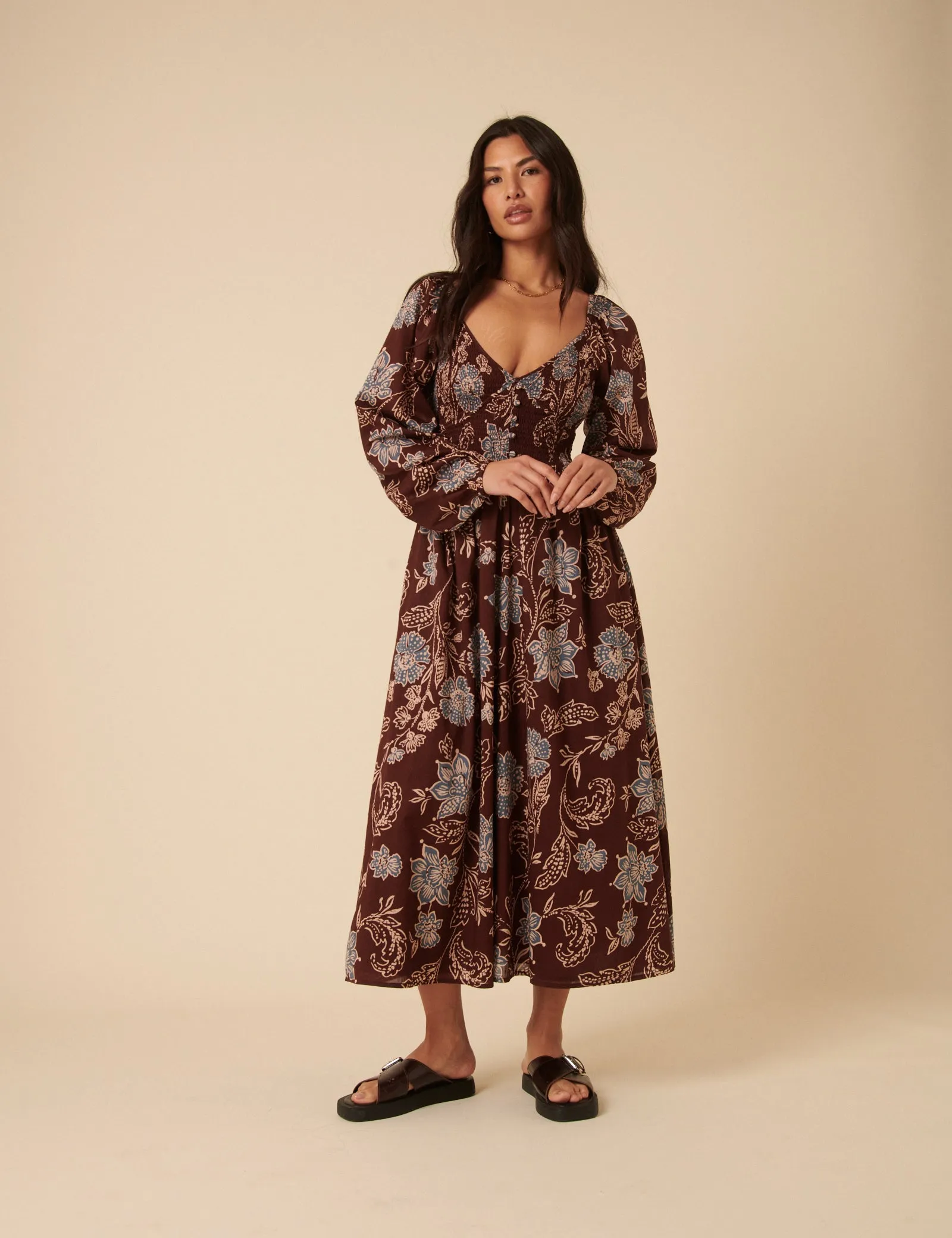 Brown Paisley Print Long Sleeve Amaya Midi Dress sold by Nobody's Child