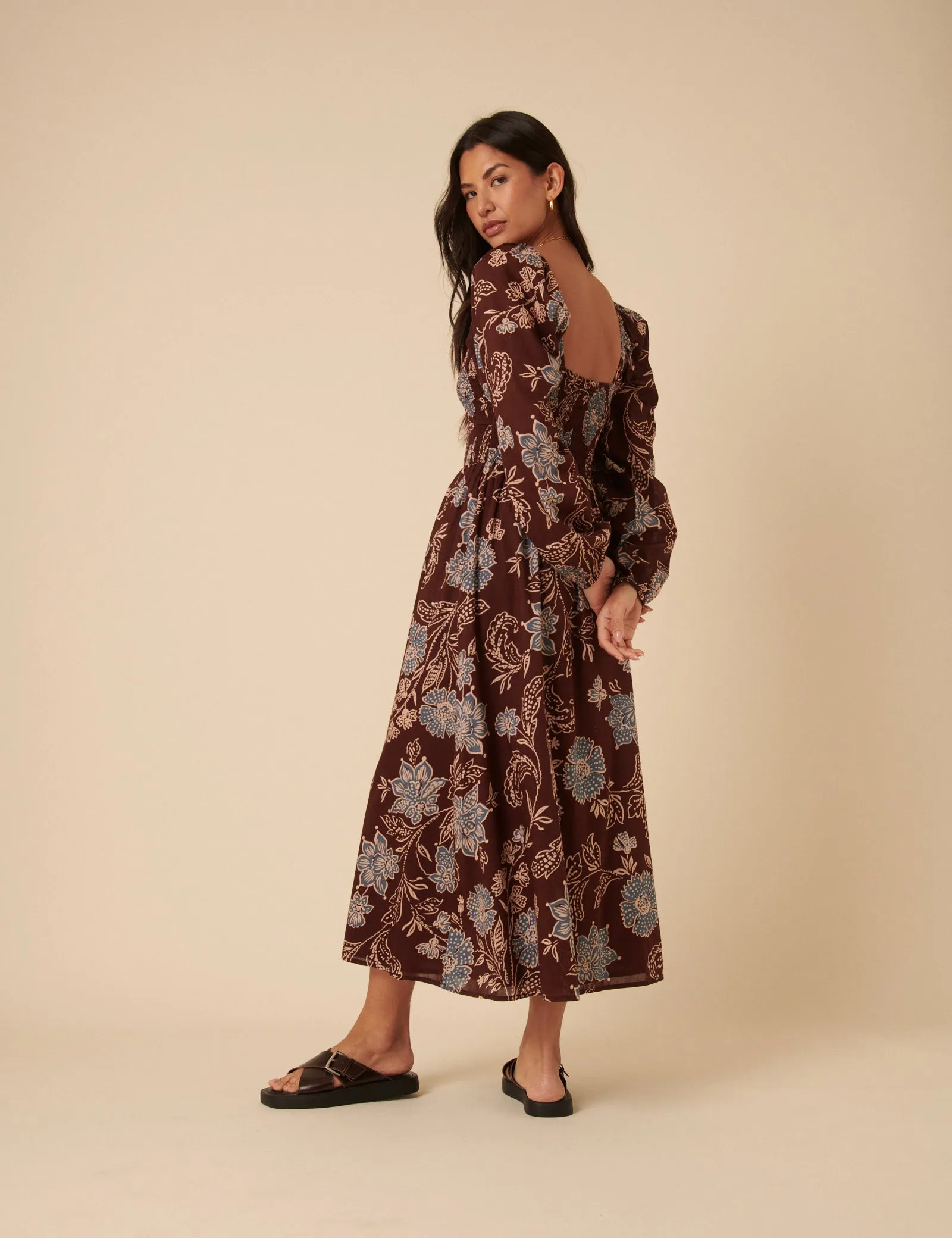 Brown Paisley Print Long Sleeve Amaya Midi Dress sold by Nobody's Child product image thumbnail 3