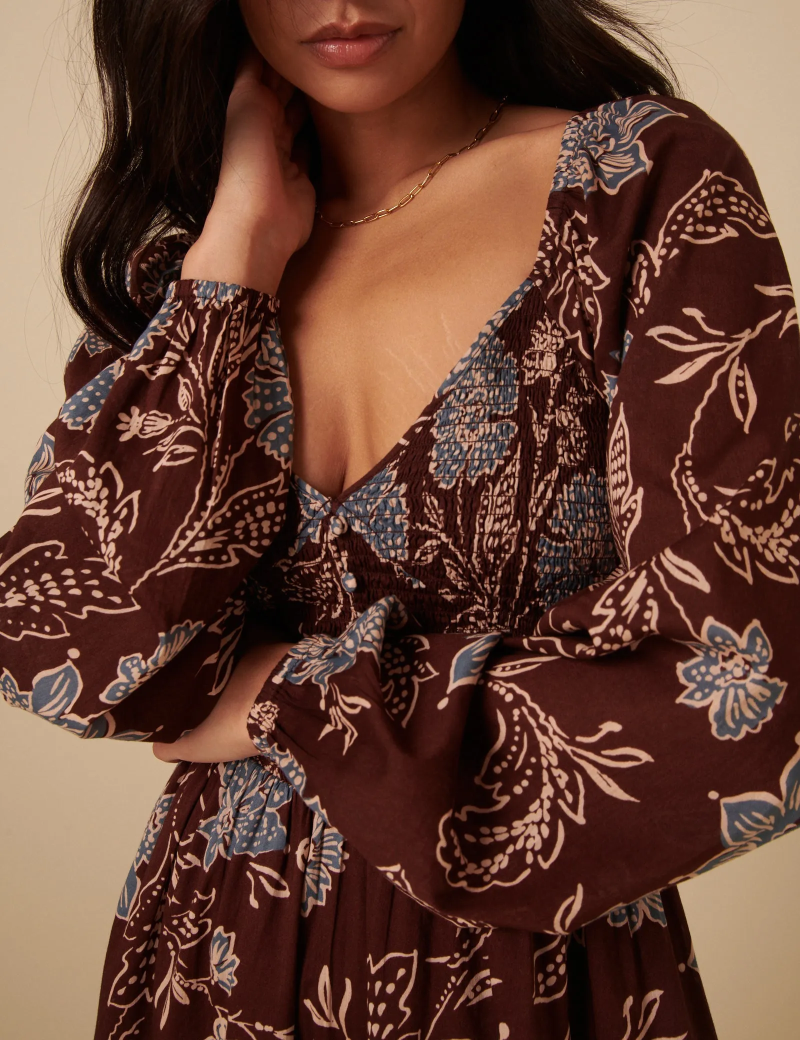 Brown Paisley Print Long Sleeve Amaya Midi Dress sold by Nobody's Child product image thumbnail 5
