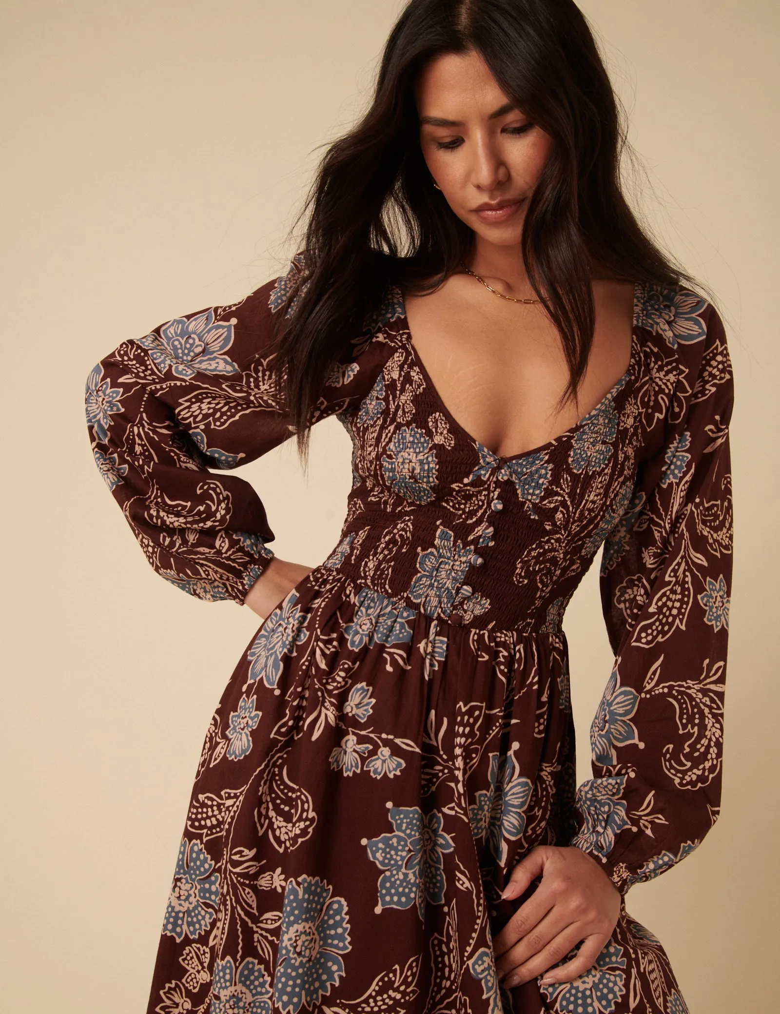 Brown Paisley Print Long Sleeve Amaya Midi Dress sold by Nobody's Child product image thumbnail 4