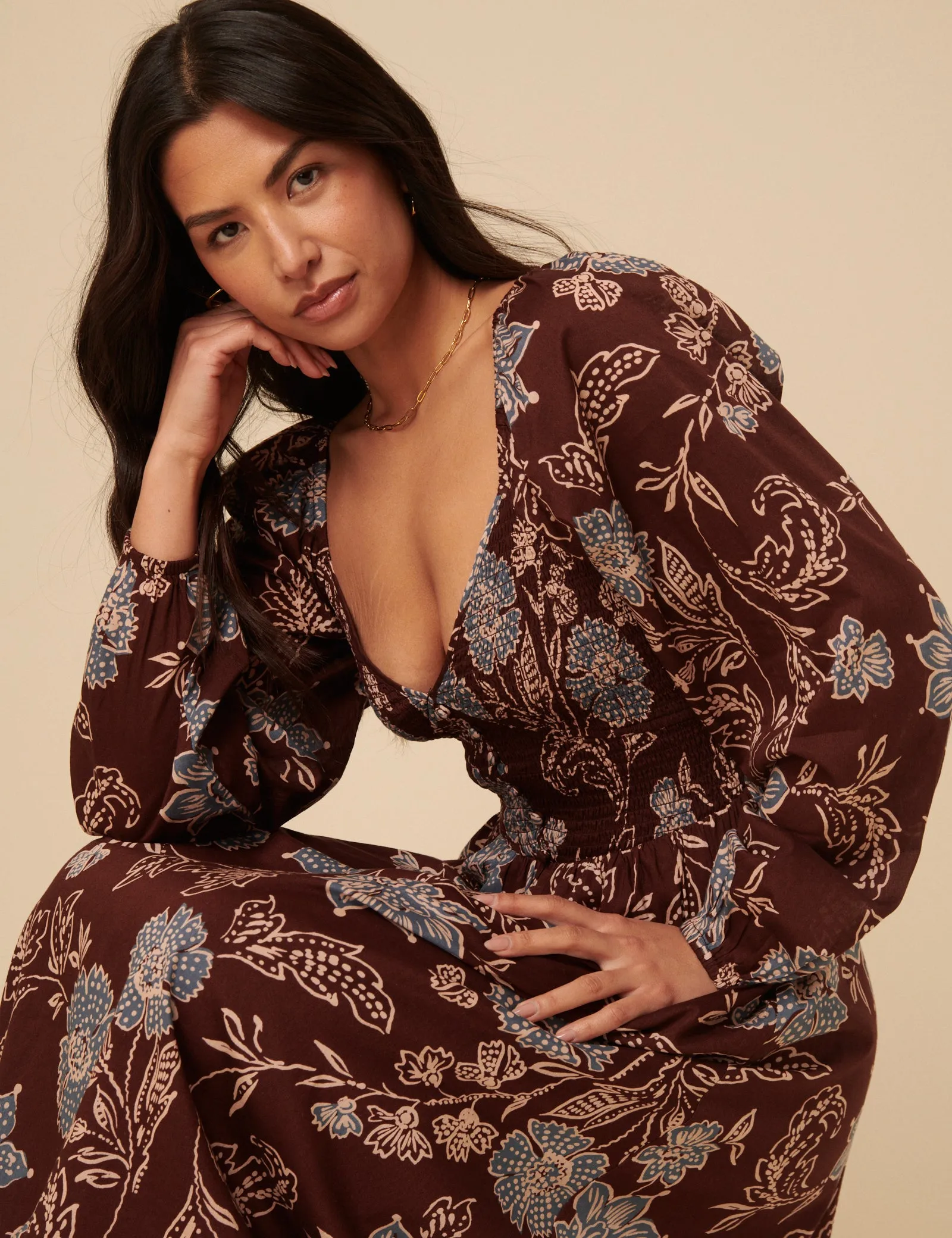 Brown Paisley Print Long Sleeve Amaya Midi Dress sold by Nobody's Child product image thumbnail 2