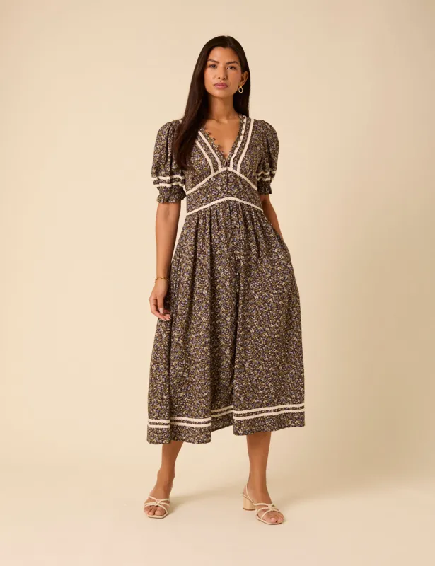 Brown Ditsy Floral Saffy Midi Dress sold by Nobody's Child
