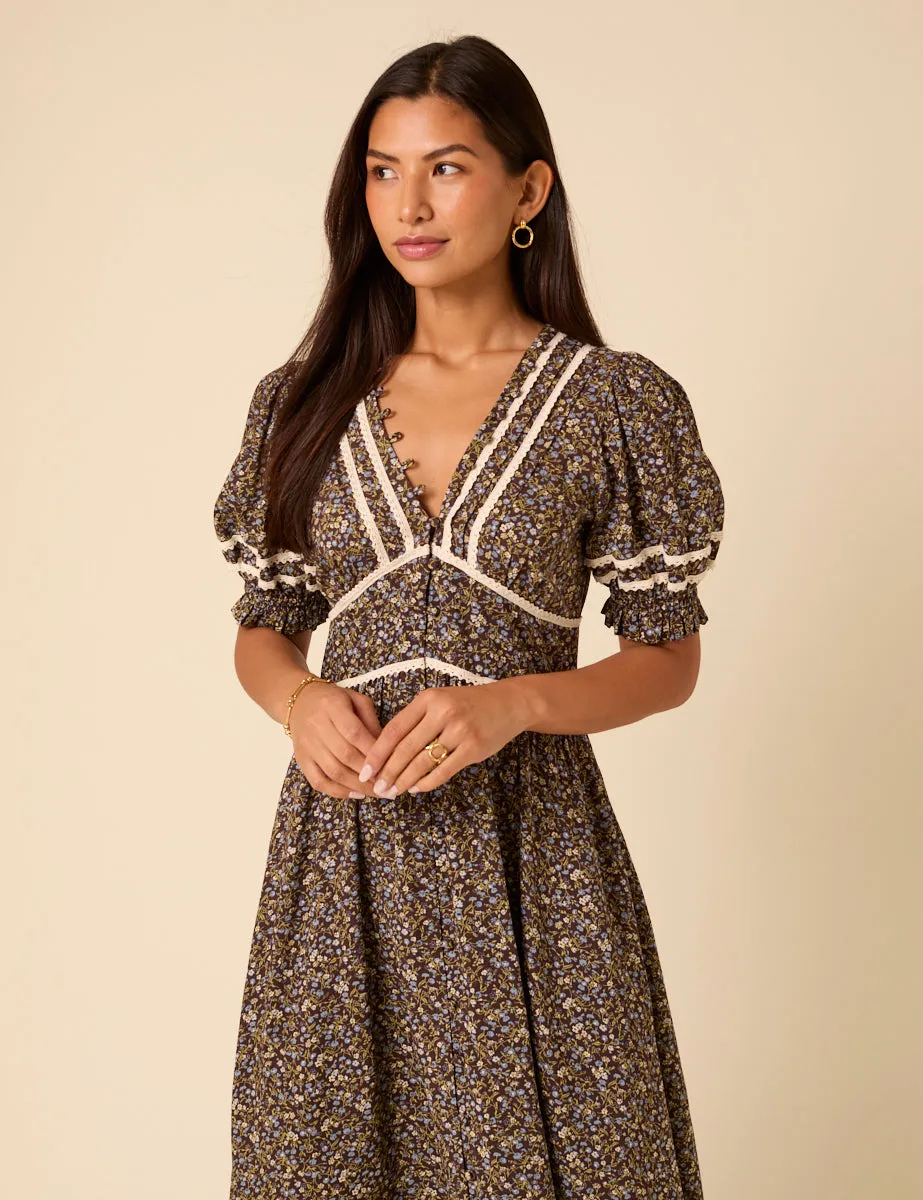 Brown Ditsy Floral Saffy Midi Dress sold by Nobody's Child product image thumbnail 5