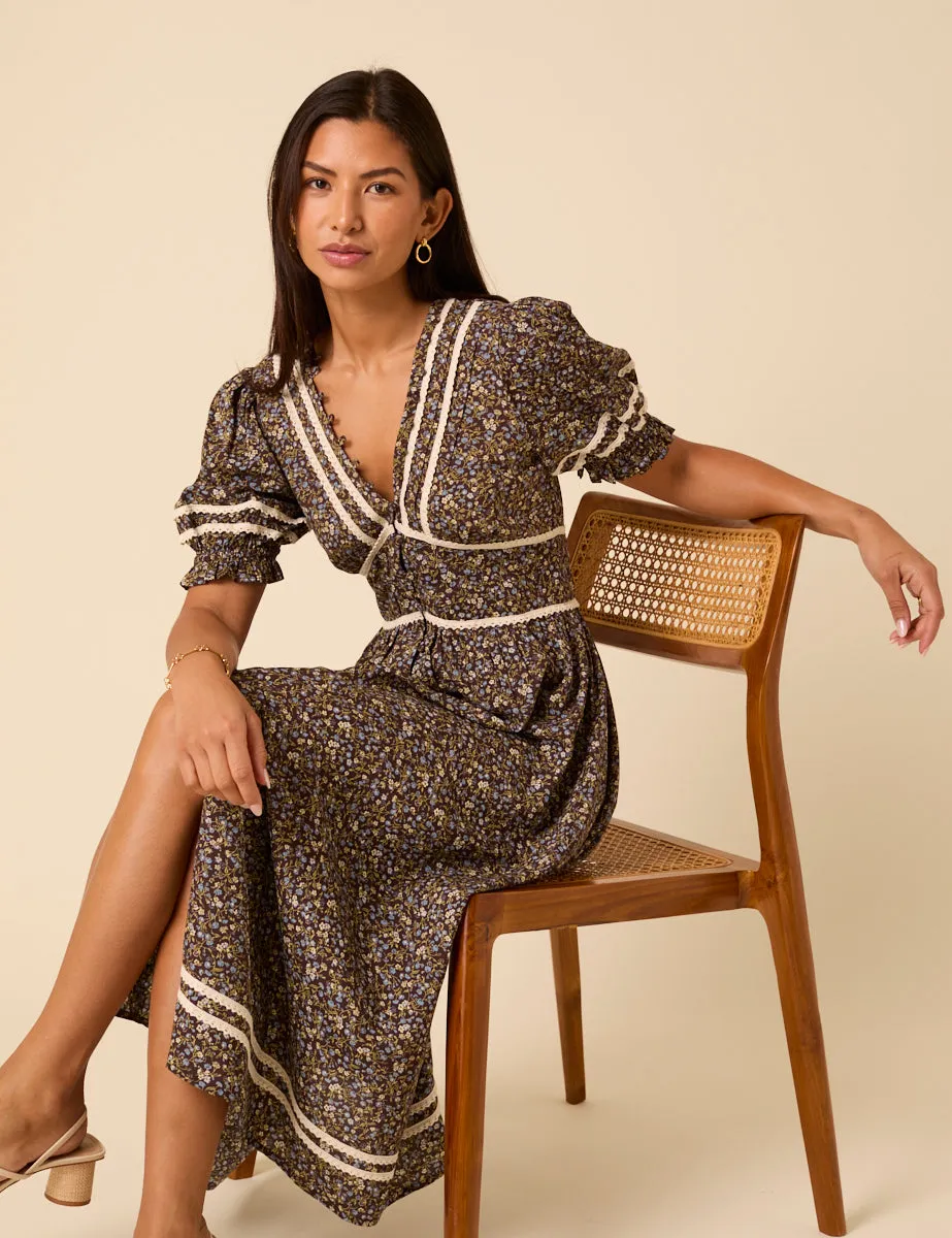 Brown Ditsy Floral Saffy Midi Dress sold by Nobody's Child product image thumbnail 2