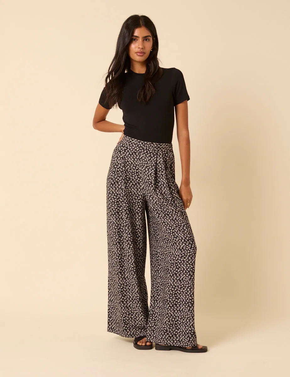 Black Ditsy Floral Wide Leg Zeena Trousers sold by Nobody's Child