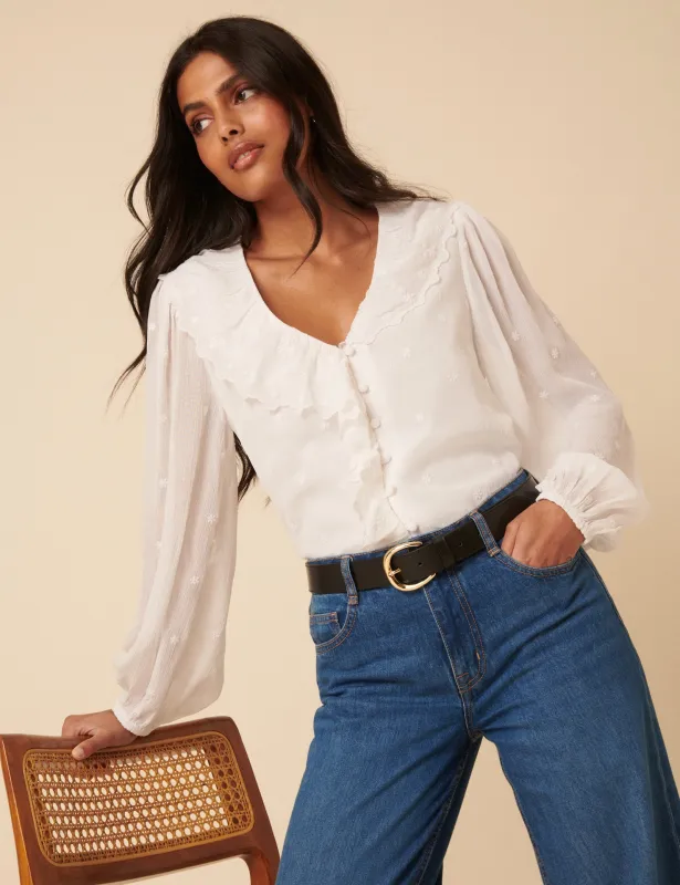 White Floral Embroidered Ruffle Collar Balloon Sleeve Blouse sold by Nobody's Child