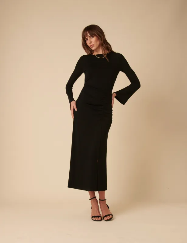 Black Long Sleeve Ruched Belle Midi Dress sold by Nobody's Child