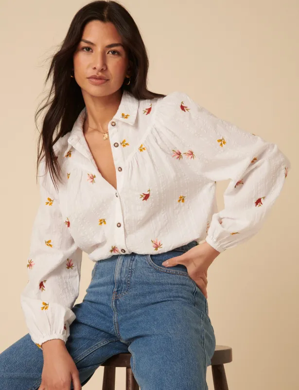 White Embroidered Balloon Sleeve Blouse sold by Nobody's Child