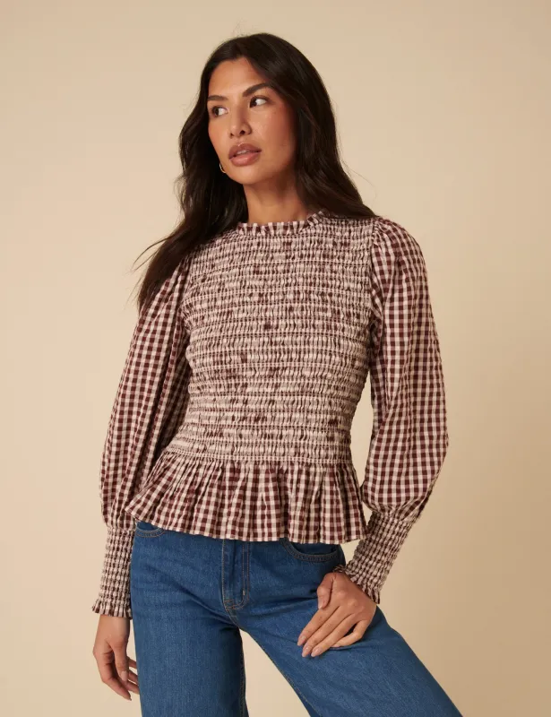 Brown Gingham Shirred Long Sleeve Top sold by Nobody's Child