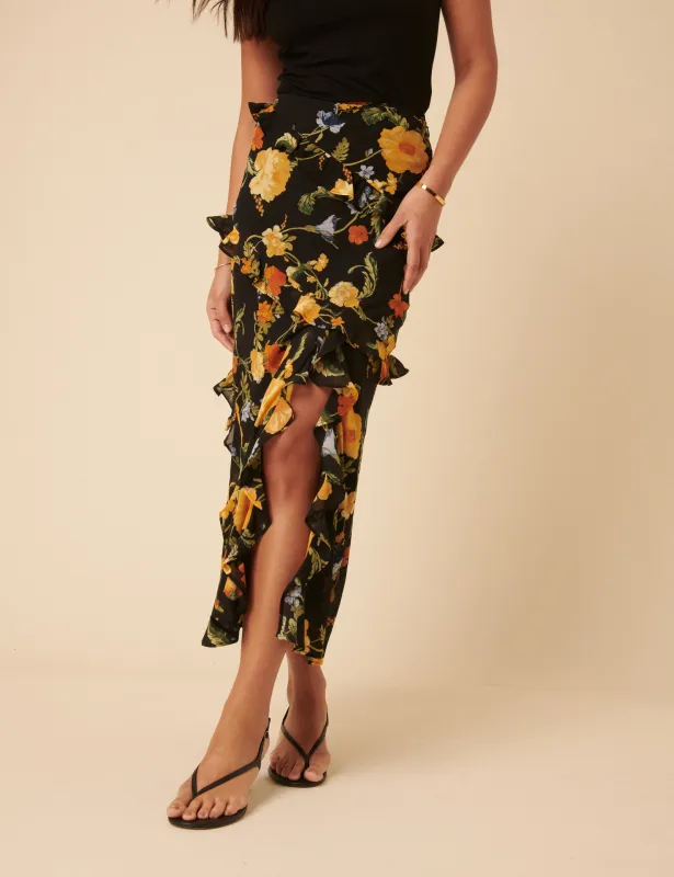 Black Floral Ruffle Midi Skirt sold by Nobody's Child