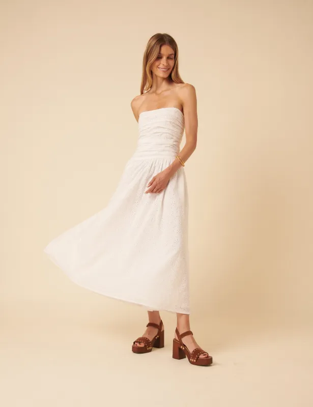White Broderie Anglaise Bandeau Felicity Midi Dress sold by Nobody's Child