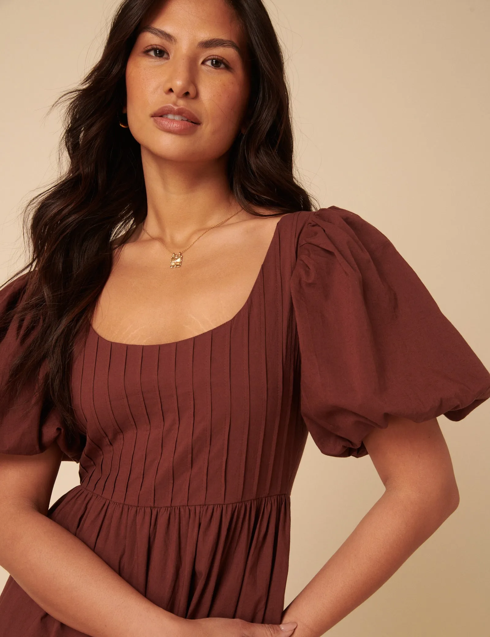 Brown Puff Sleeve Mimi Midi Dress sold by Nobody's Child product image thumbnail 4