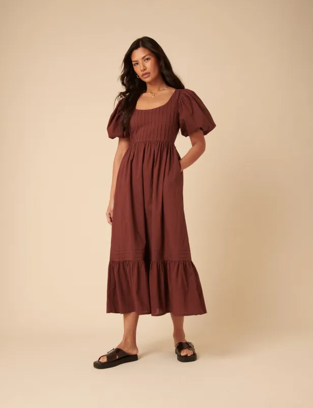 Brown Puff Sleeve Mimi Midi Dress sold by Nobody's Child