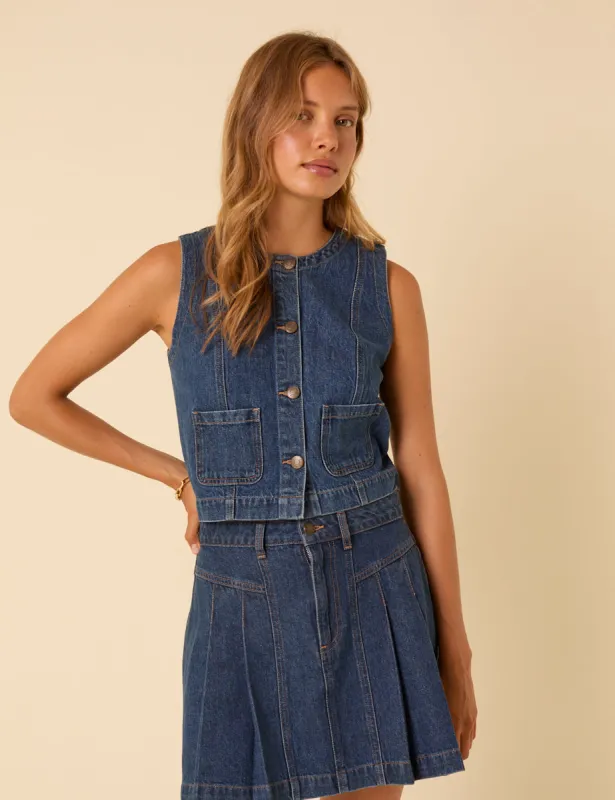 Dark Blue Denim Crew Neck Waistcoat sold by Nobody's Child