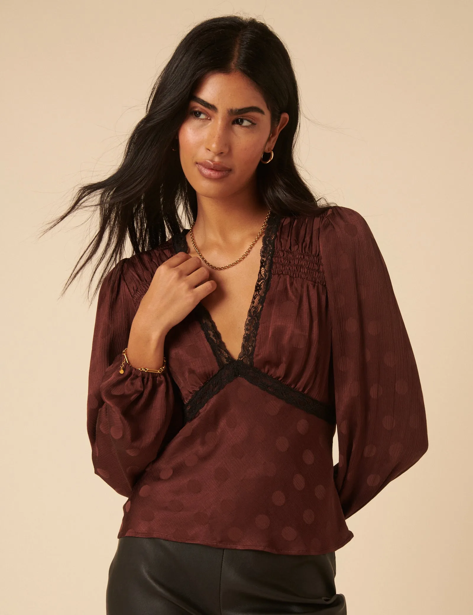 Brown Polka Dot Satin Jacquard Blouse sold by Nobody's Child