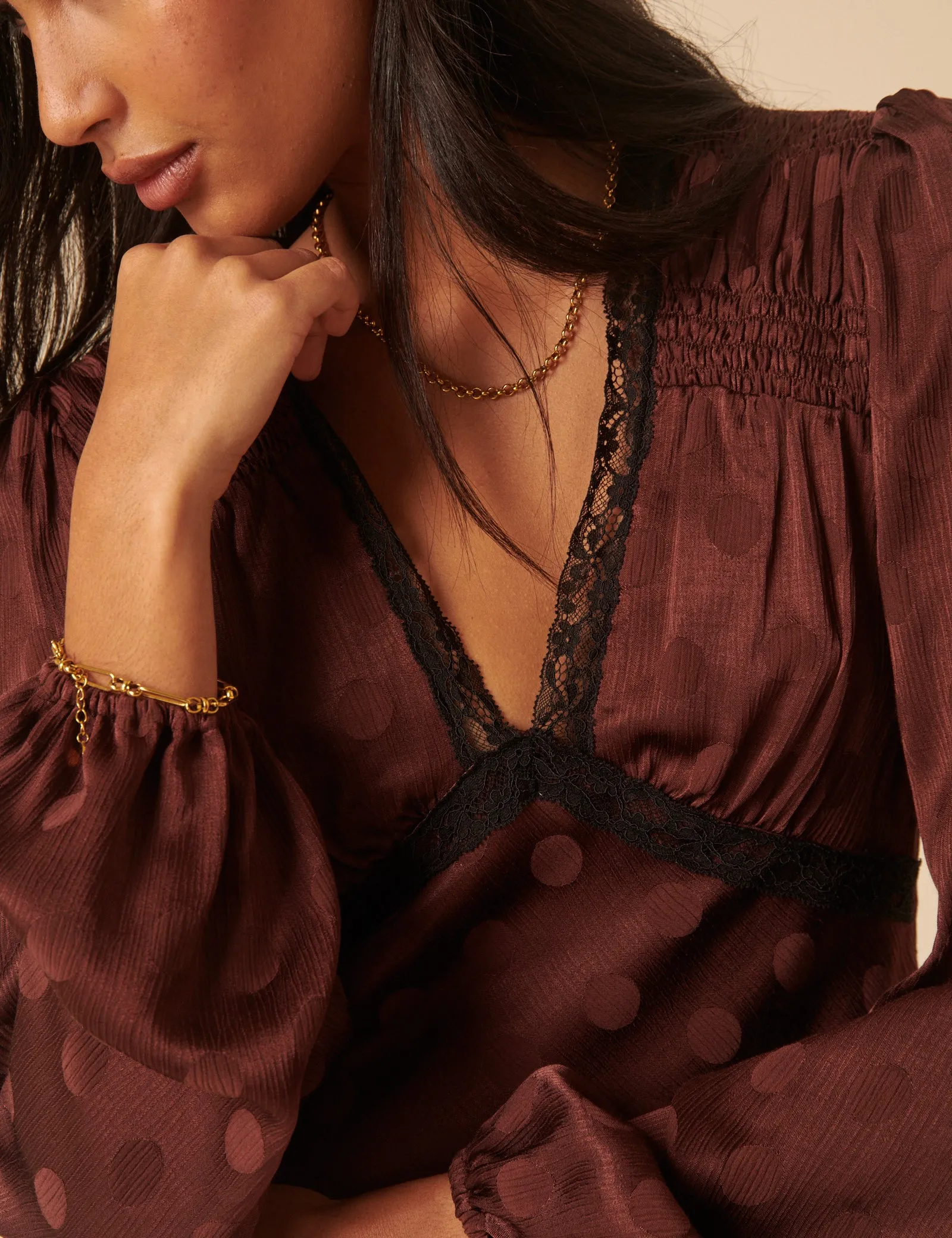 Brown Polka Dot Satin Jacquard Blouse sold by Nobody's Child product image thumbnail 2