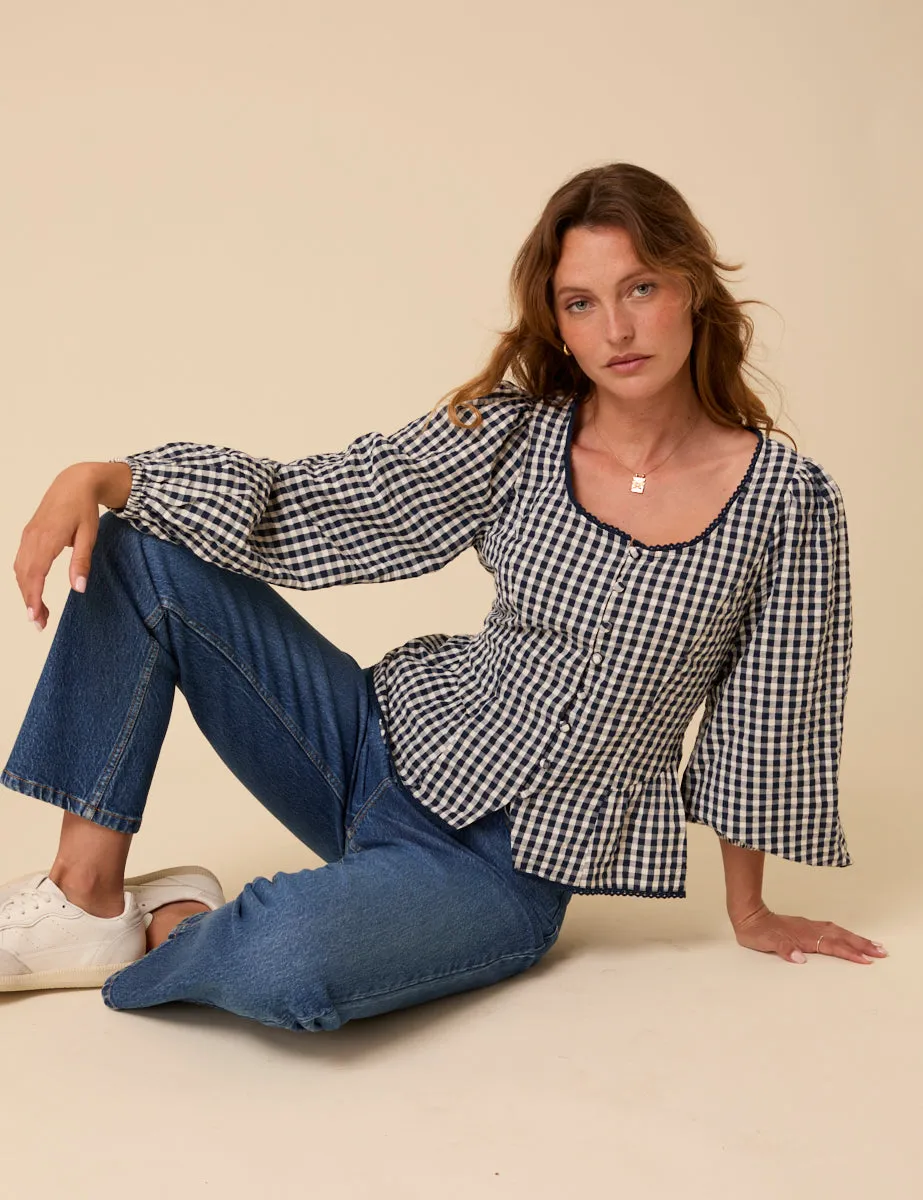 Navy Gingham Scoop Neck Blouse sold by Nobody's Child product image thumbnail 4