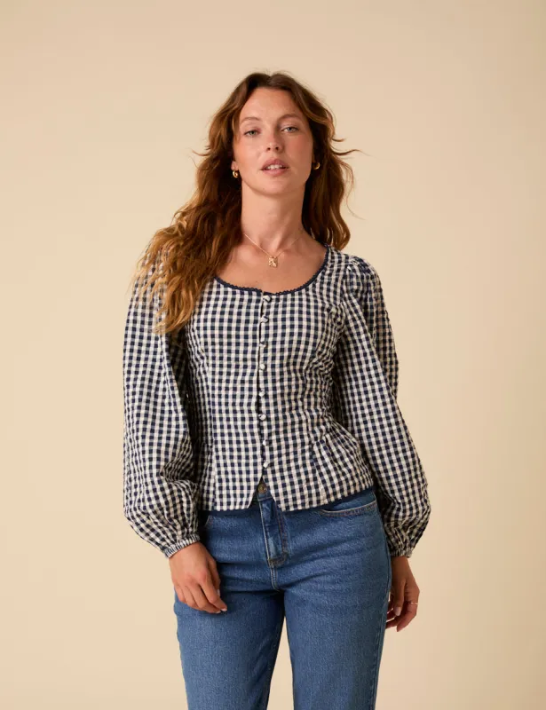 Navy Gingham Scoop Neck Blouse sold by Nobody's Child