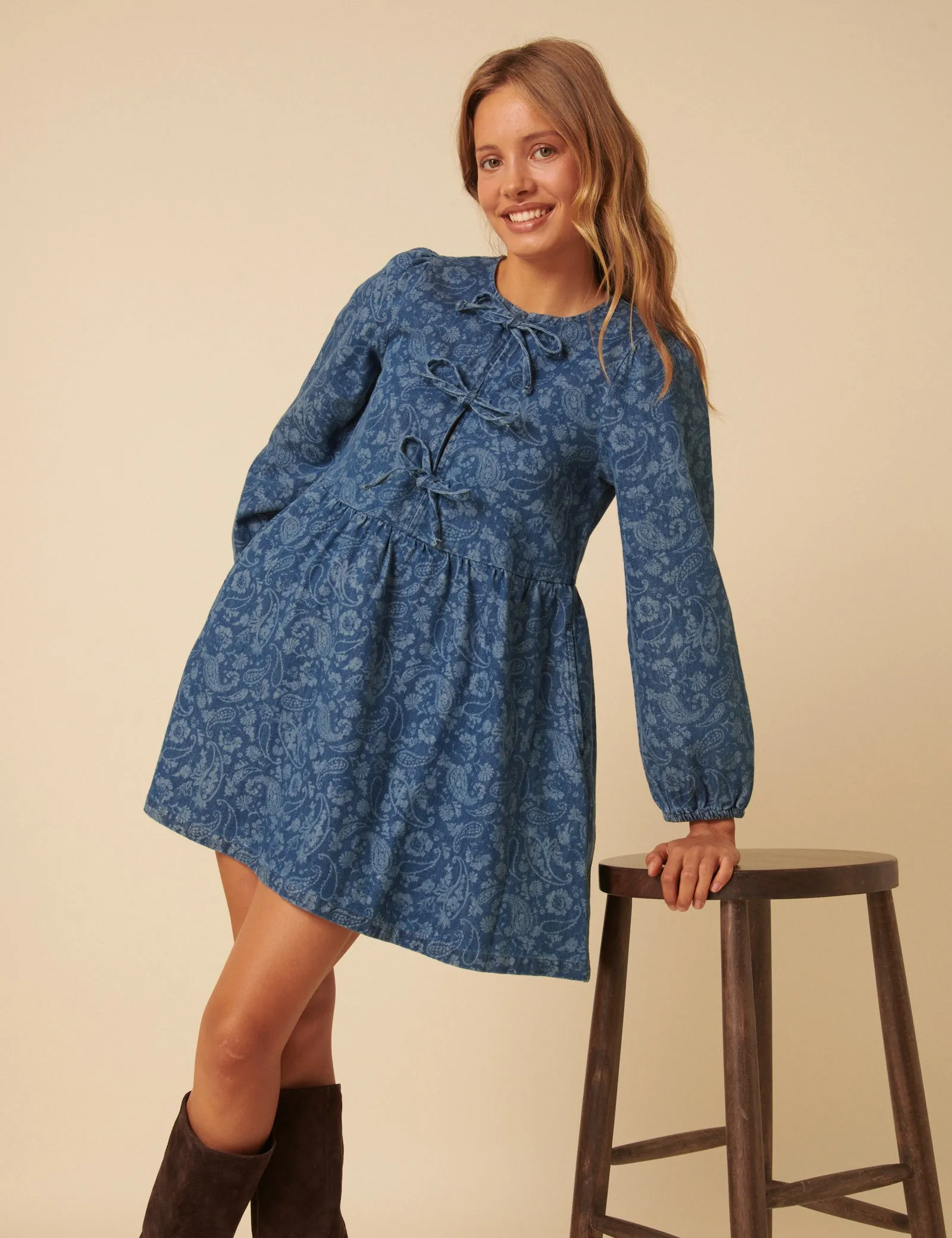 Blue Denim Paisley Eden Mini Dress sold by Nobody's Child