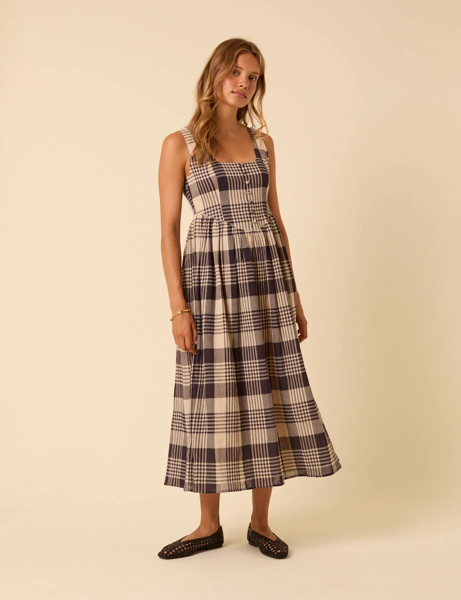 Navy and Cream Tartan Check Cora Midi Dress sold by Nobody's Child