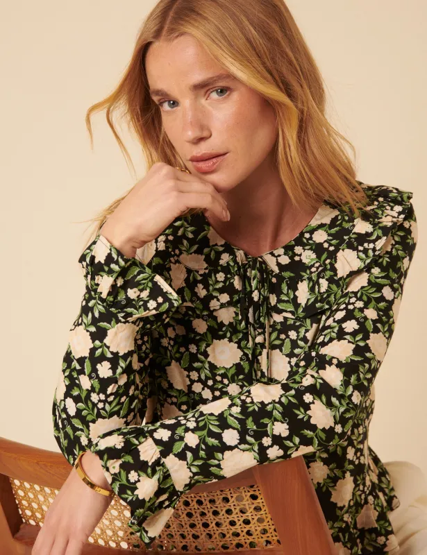 Black Floral Ruffle Collared Blouse sold by Nobody's Child
