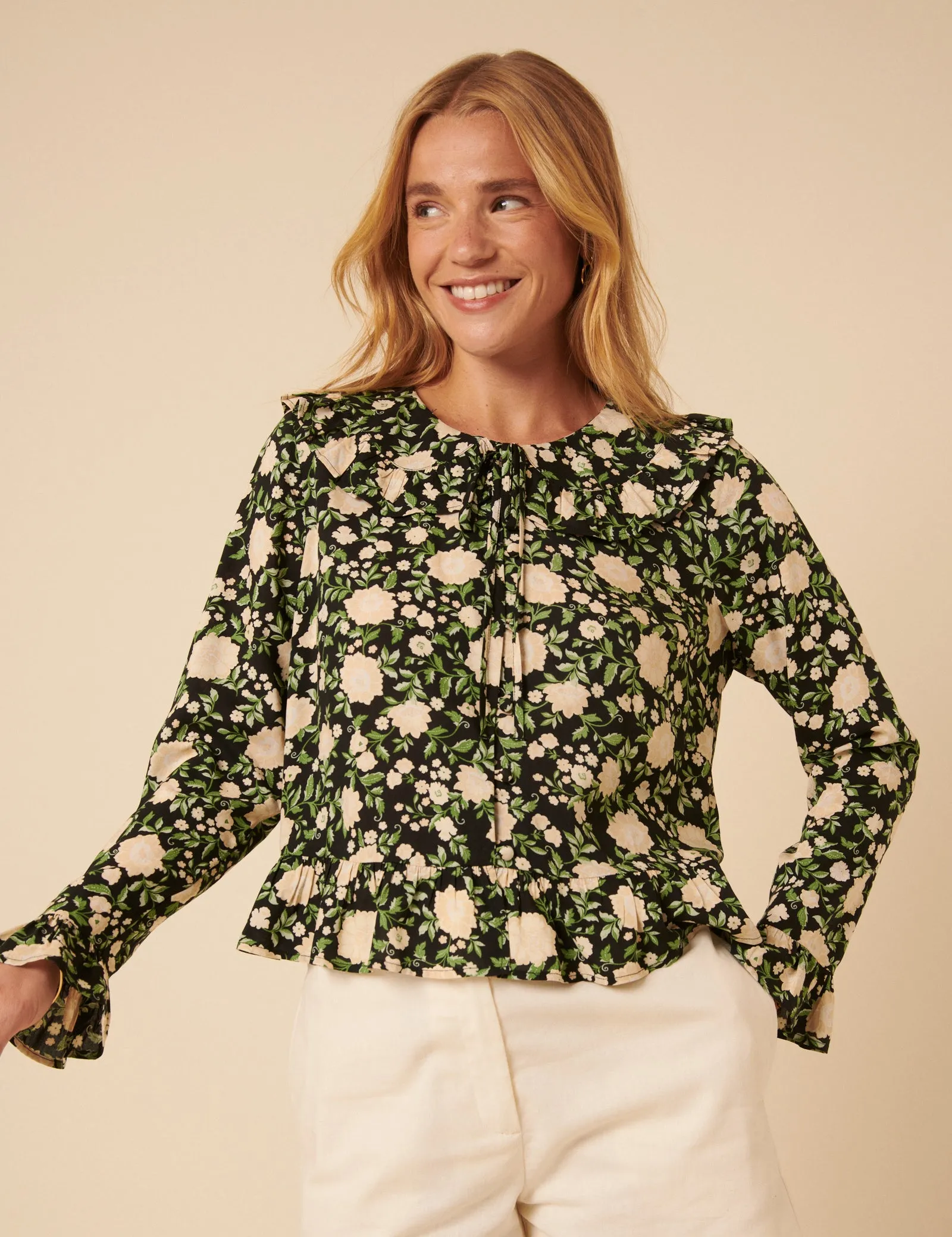 Black Floral Ruffle Collared Blouse sold by Nobody's Child product image thumbnail 4