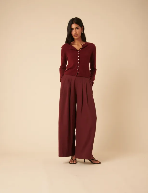 Burgundy Pleated Wide Leg Trousers sold by Nobody's Child