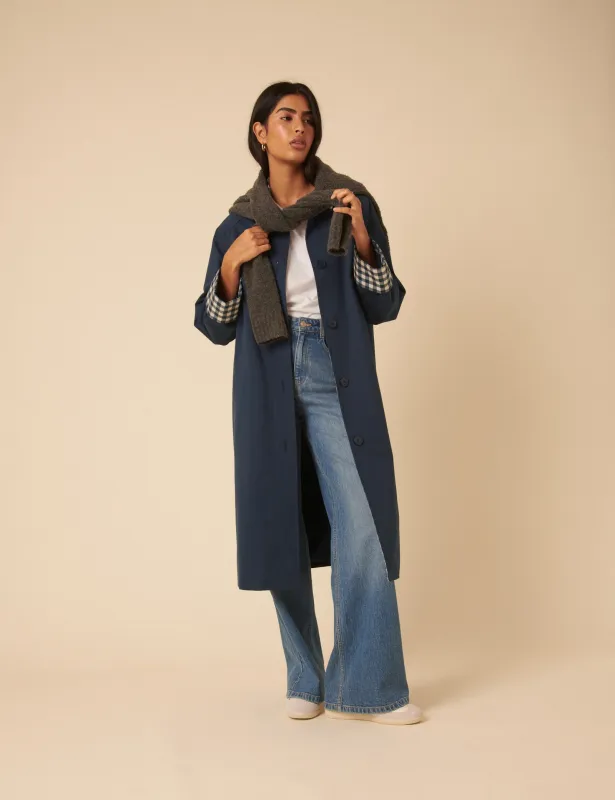 Navy Gingham Trim Trench Coat sold by Nobody's Child
