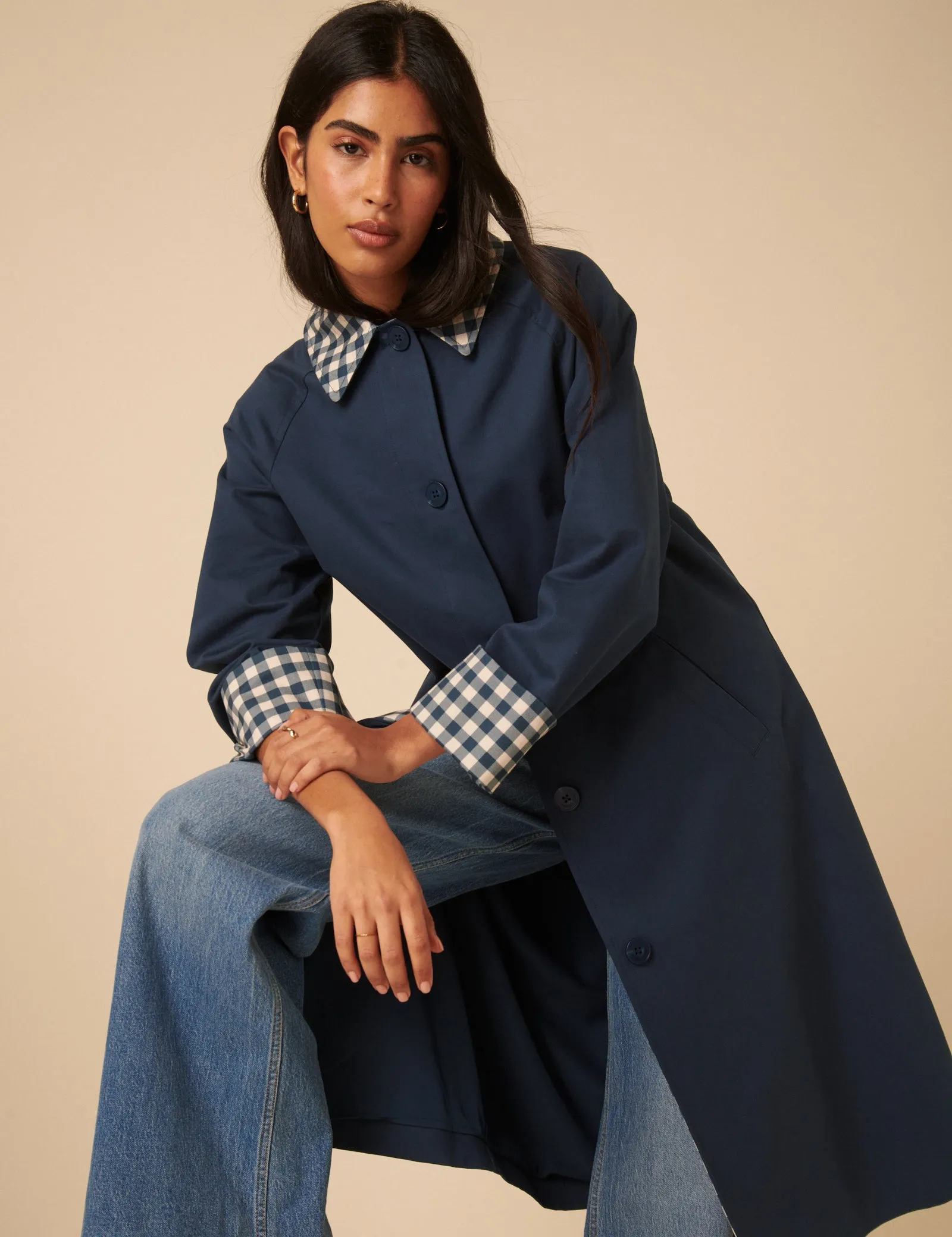 Navy Gingham Trim Trench Coat sold by Nobody's Child product image thumbnail 4