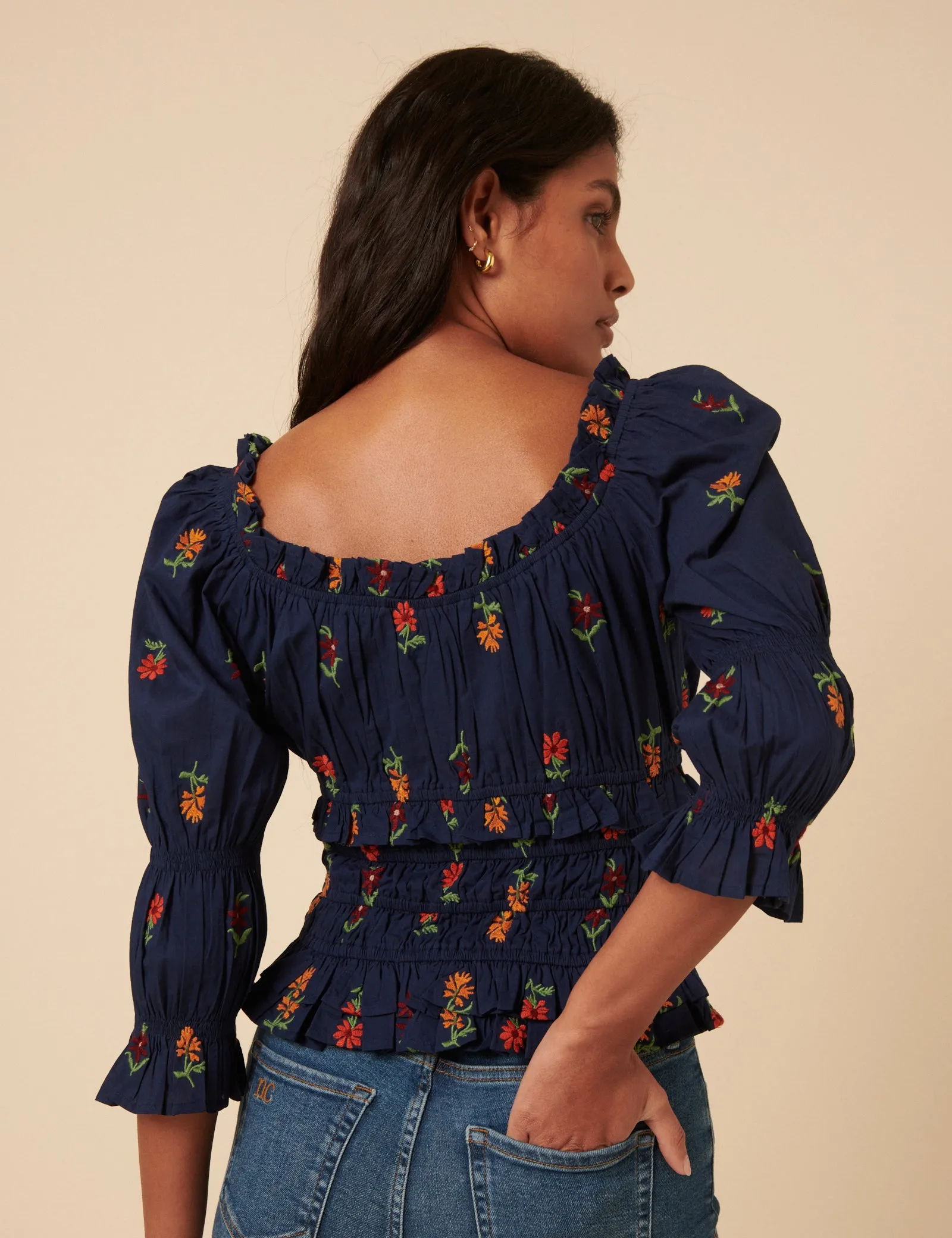 Navy Floral Embroidered Shirred Top sold by Nobody's Child product image thumbnail 5