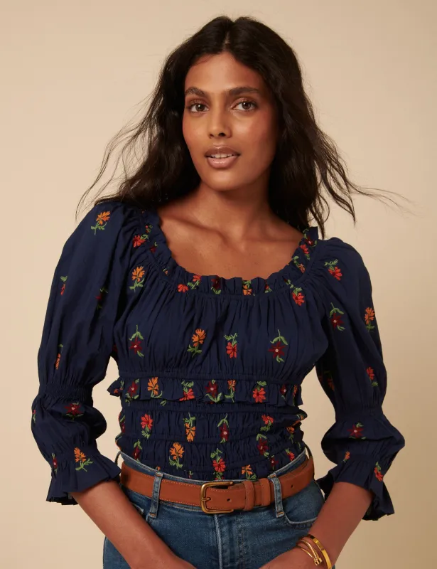 Navy Floral Embroidered Shirred Top sold by Nobody's Child