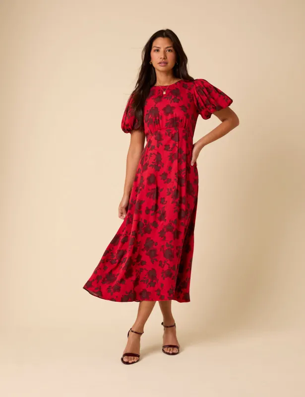 Red Puff Sleeve Quinn Midi Dress sold by Nobody's Child