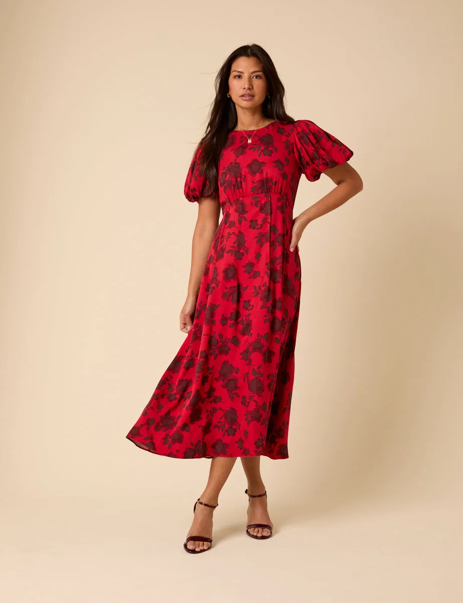 Red Puff Sleeve Quinn Midi Dress sold by Nobody's Child