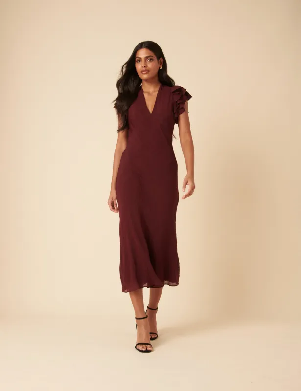 Burgundy Frill Sleeve Layla Midi Dress sold by Nobody's Child